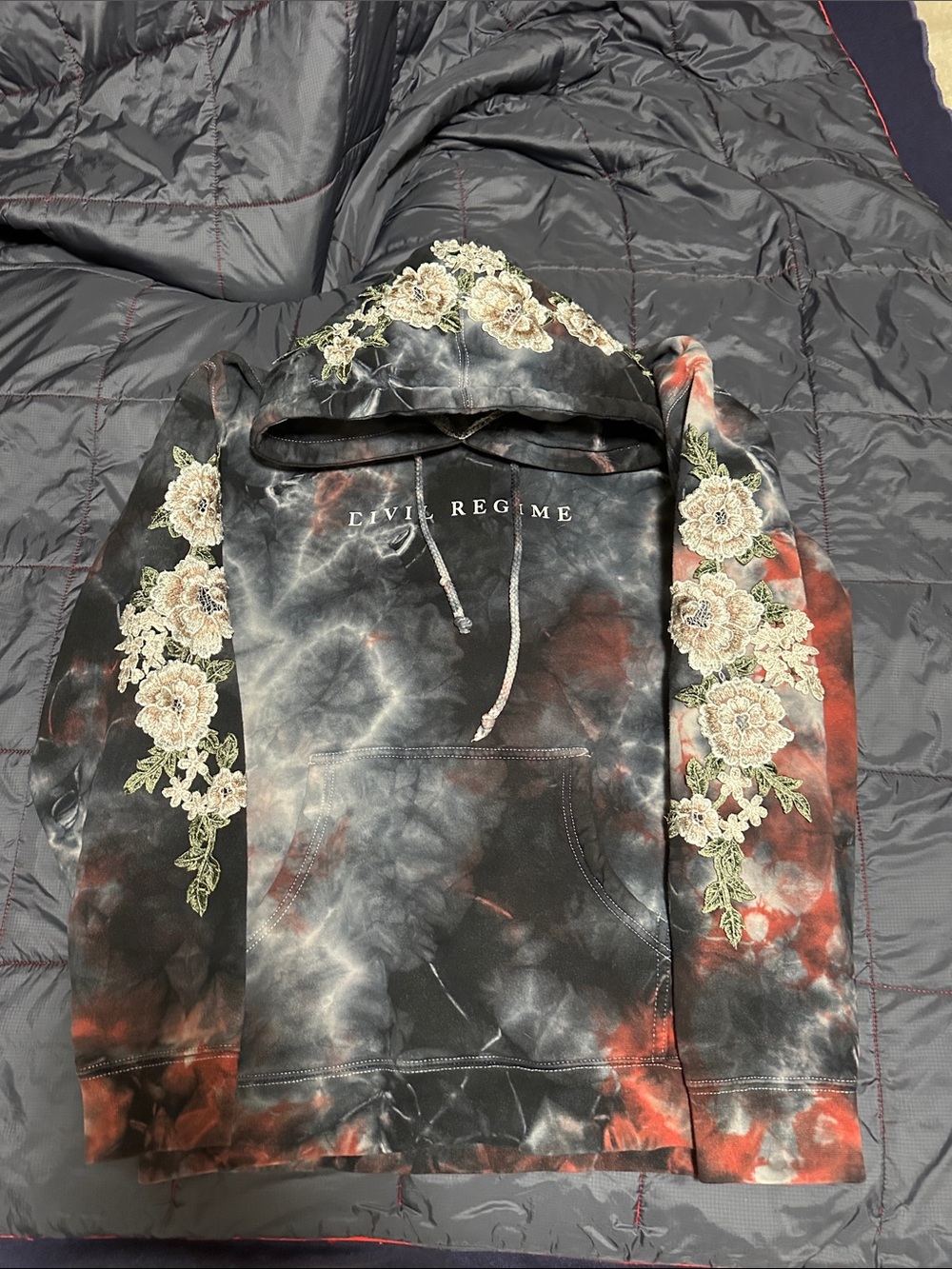 Civil Regime Black Red Tie-Dye Floral Appliqué Hoodie